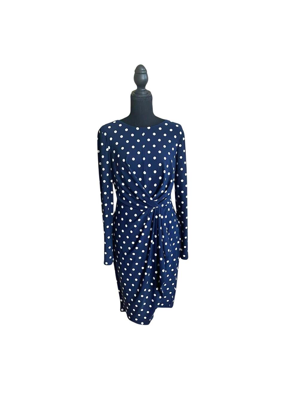 Lauren Ralph Lauren Polka Dot Faux Wrap Dress Womens 8 Navy Ruched Long Sleeve